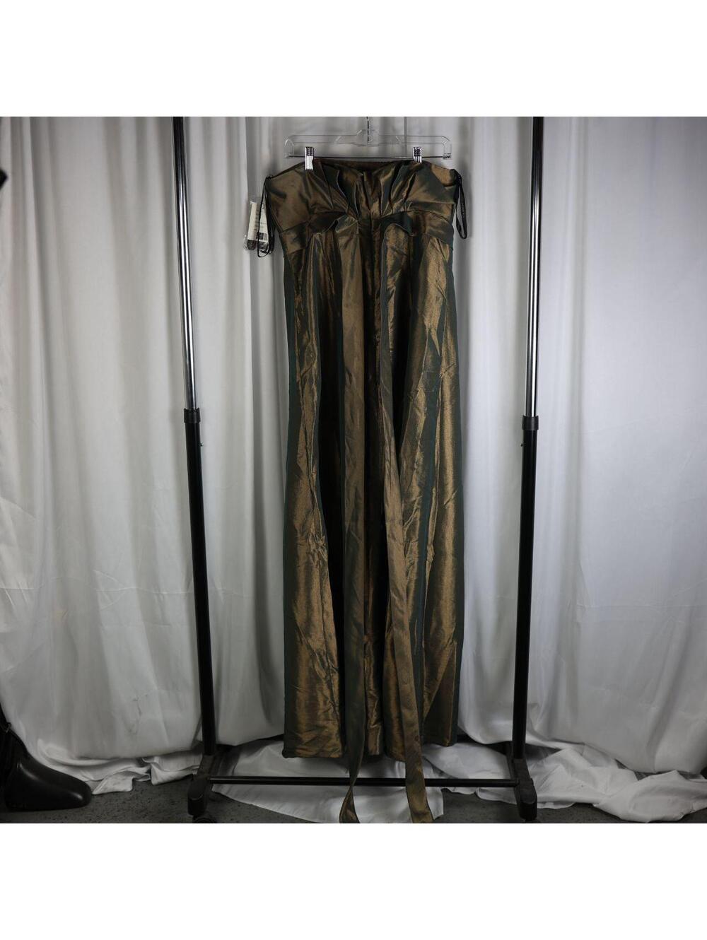 After Six strapless metallic maxi gown in a rich olive-gold shimmer.